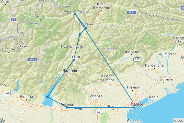 Map of Cycle Dolomites, Lake Garda and Venice