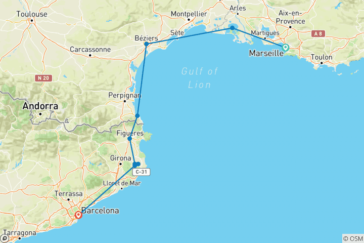 Map of Cycle Marseille to Barcelona