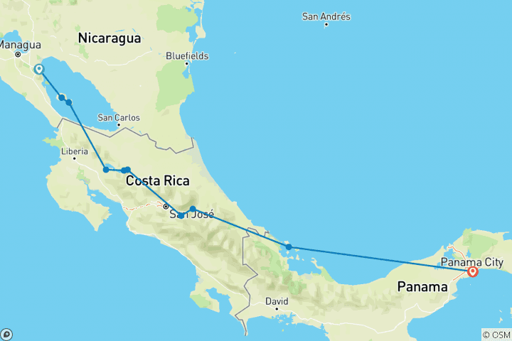 Map of Cycle Nicaragua to the Panama Canal