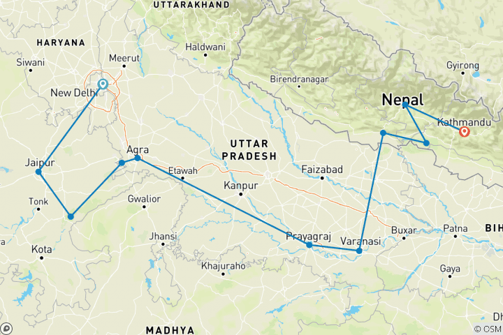 Map of Delhi to Kathmandu