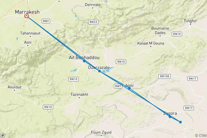 Carte du circuit Aventure familiale dans les montagnes de l'Atlas et au Sahara