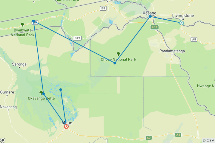 Mapa de Aventura familiar de safari en Botsuana y Zimbabue