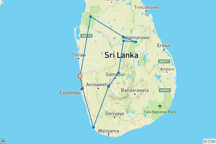 Map of Family Highlights of Sri Lanka (West Coast)