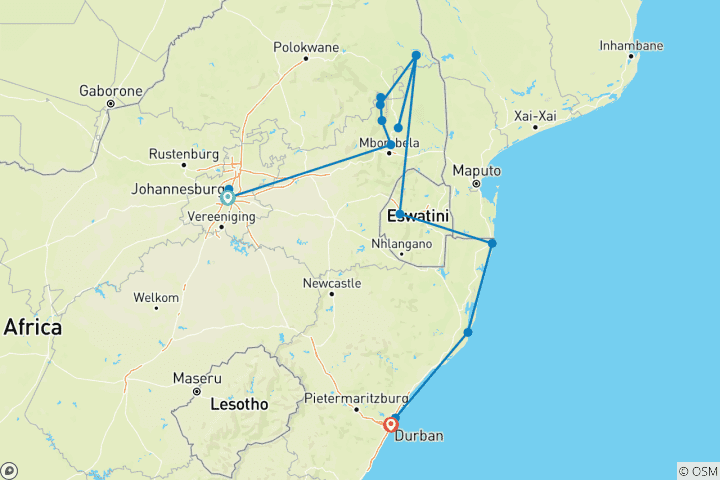 Carte du circuit Aventure familiale en Afrique du Sud - safari et plage