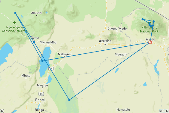 Map of Kilimanjaro - Lemosho Trek + Safari Extension