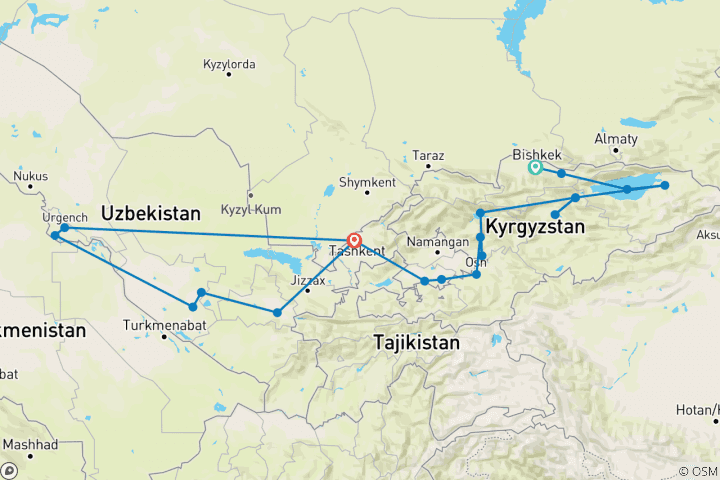 Map of The Silk Road of Kyrgyzstan and Uzbekistan