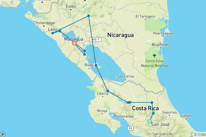 Map of Hiking in Costa Rica and Nicaragua