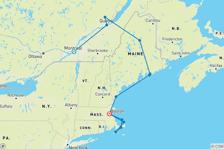 Carte du circuit Couleurs d'automne de Montréal à Boston