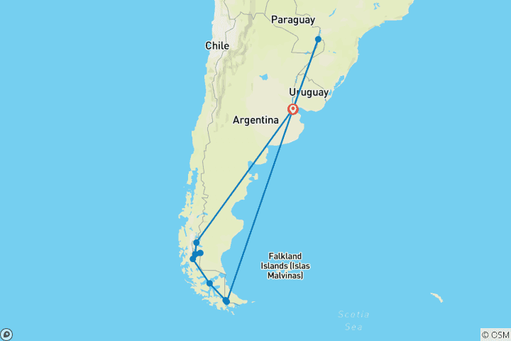 Map of Adventures in Patagonia + Iguazu Extension