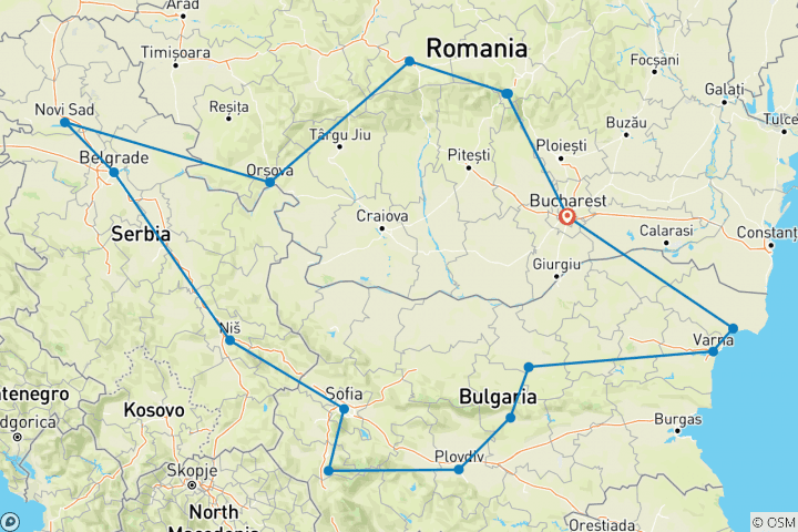 Carte du circuit Grand tour de la Roumanie, de la Serbie et de la Bulgarie