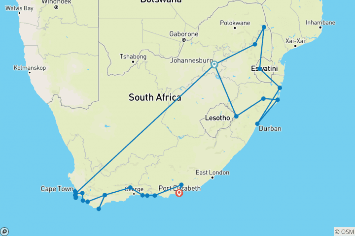 Map of Kruger, Eswatini and South Africa's Garden Route