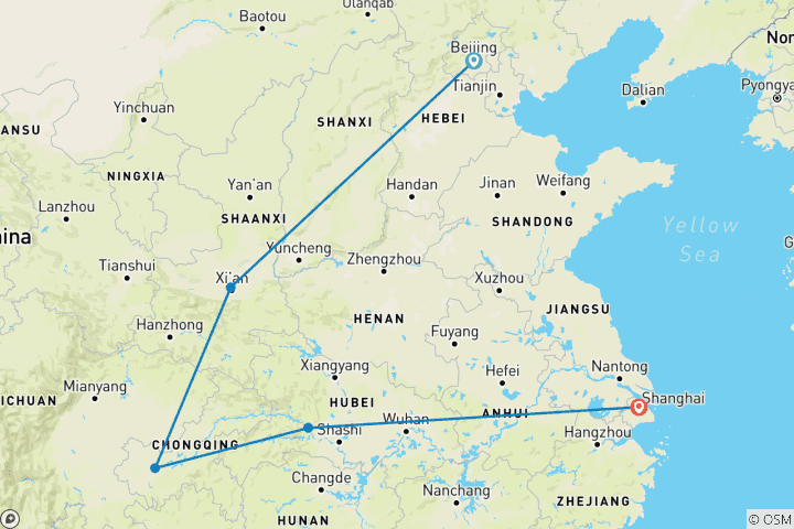 Map of 11 Days Yangtze River Group Tour