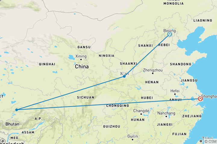 Carte du circuit Circuit en groupe de 11 jours en Chine : Pékin, Xi'an, Lhassa, Shanghai