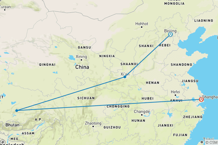 Map of 11 Day China Group tour to Beijing, Xi'an, Lhasa, Shanghai