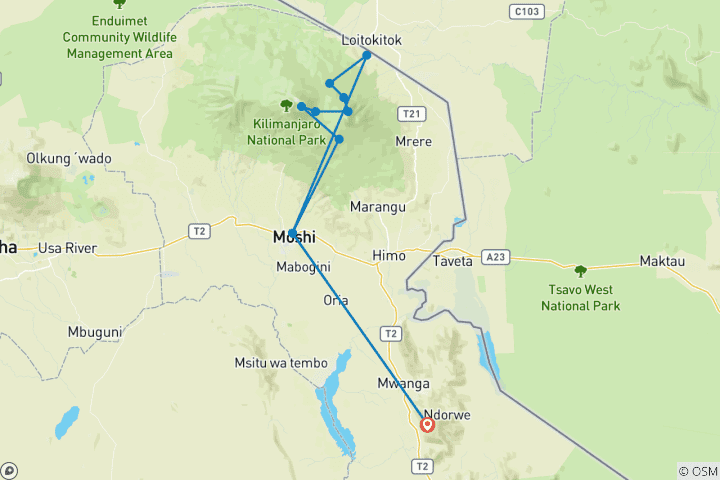 Map of Mount Kilimanjaro Climbing Via Rongai Route 9 Days Tanzania (all accommodation and transport are included)