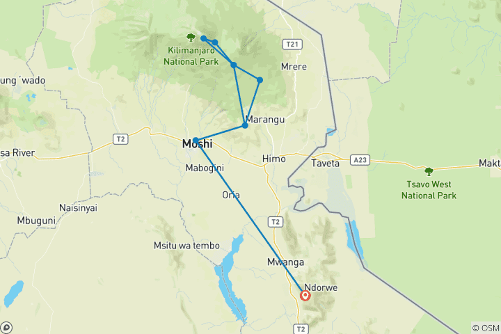 Map of Group Joining Mount Kilimanjaro Climbing through Marangu Route 8 Days Tanzania (all accommodation and transport are included)