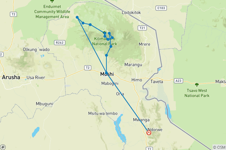 Map of Kilimanjaro Climbing Via Lemosho Route 10 Days (all accommodation and transport are included)