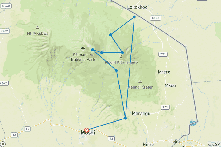 Carte du circuit 7 jours sur la route de Rongai - Un trek isolé et pittoresque vers le sommet du Kilimandjaro