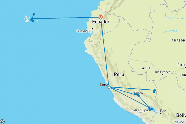 Carte du circuit Mystères de l'empire inca avec la croisière Amazonie et Galápagos au Pérou