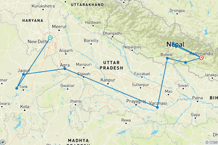 Carte du circuit L'épopée de l'Inde au Népal