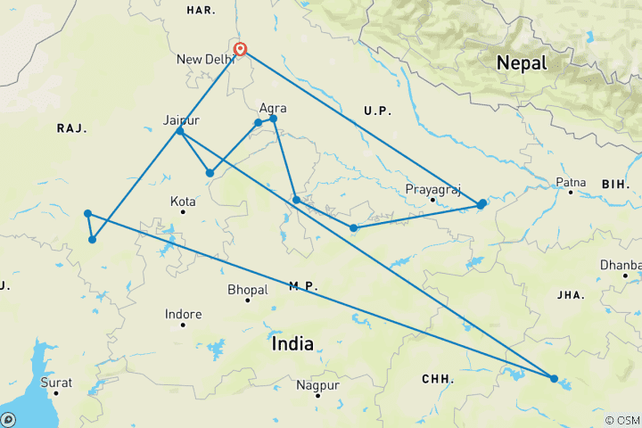 Kaart van Gouden Driehoek Tour met Rajasthan en Varanasi