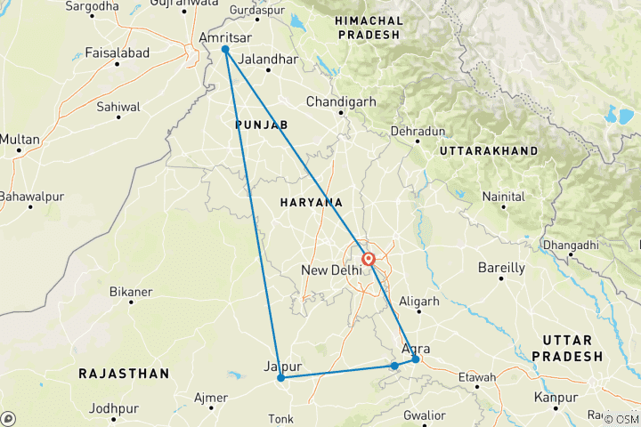 Kaart van 9-daagse Gouden Driehoek Tour met Amritsar