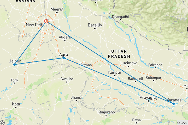 Map of Classic North India: 9 Days Tour of Delhi, Agra, Jaipur & Varanasi