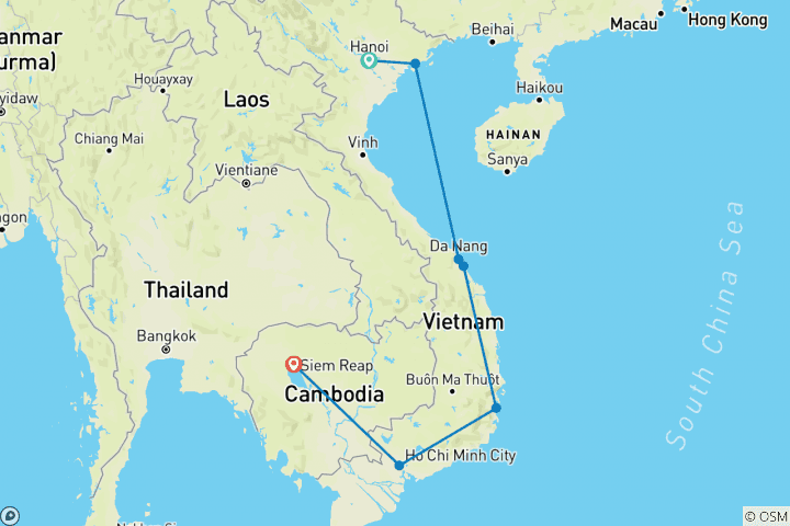 Kaart van Avontuur Vietnam en Cambodja (14 dagen)