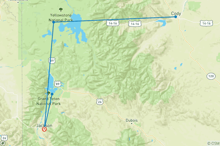 Carte du circuit Yellowstone / Grand Teton 4 jours / 3 nuits d'aventure pour la faune et la flore