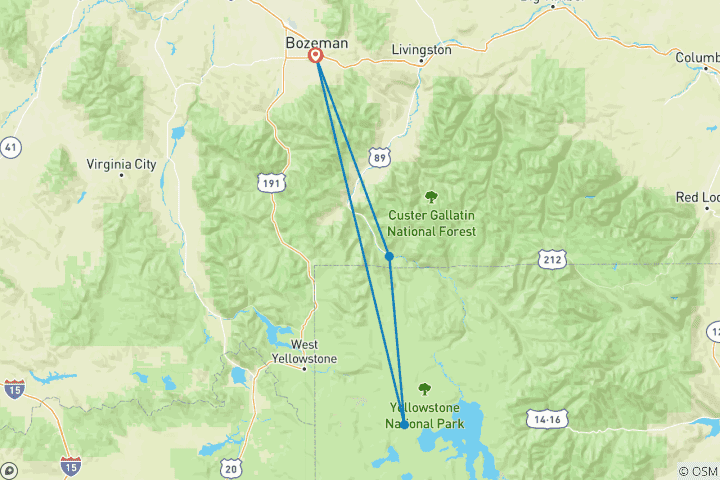 Karte von Von Bozeman: Yellowstone Winter Wolf 4 Tage / 3 Nächte Abenteuer