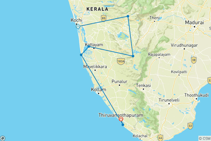 Map of Exotic Kerala Tour (Coconut Holiday Of India)