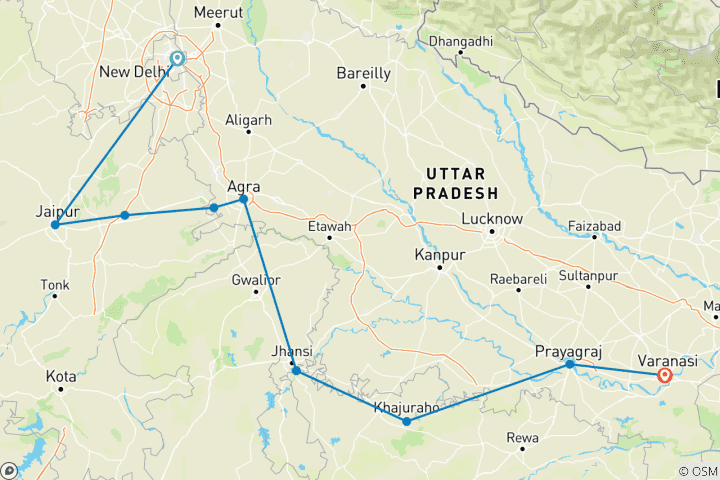 Map of Classic North India - Golden Triangle with Orchha, Khajuraho & Varanasi !!