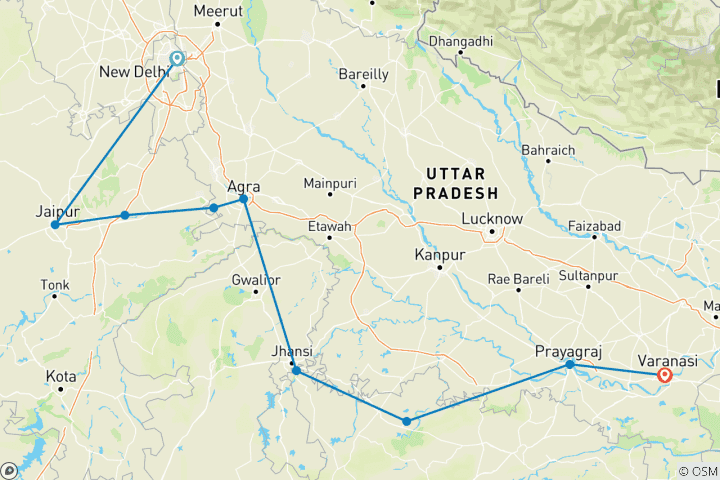 Map of Classic North India - Golden Triangle with Orchha, Khajuraho & Varanasi !!