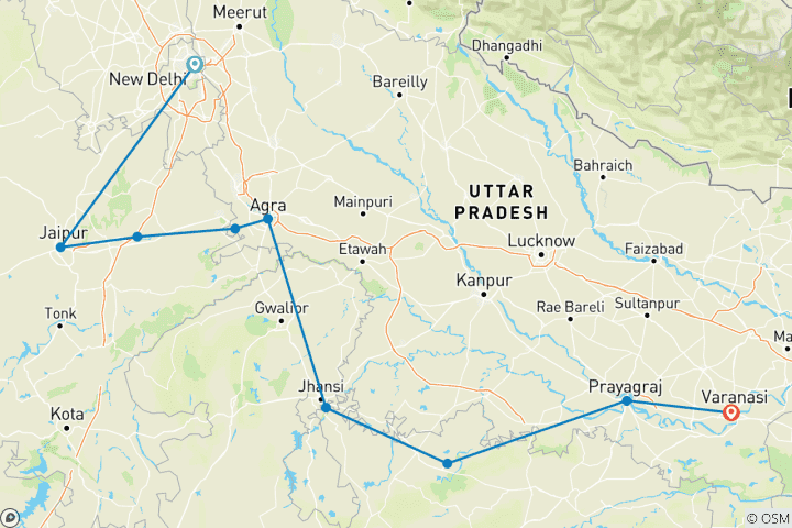 Kaart van Klassiek Noord-India - Gouden Driehoek met Orchha, Khajuraho & Varanasi !!!