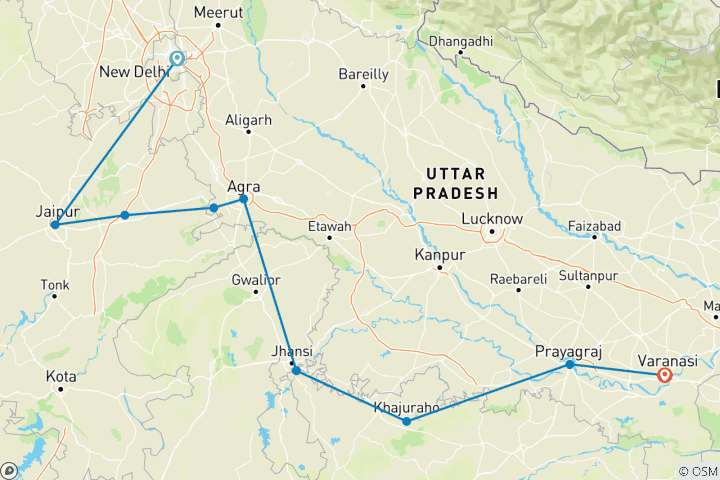 Map of Classic North India - Golden Triangle with Orchha, Khajuraho & Varanasi !!