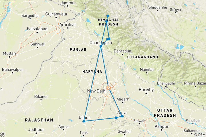 Kaart van Gouden Driehoek Tour met Shimla en Manali