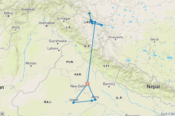 Kaart van Gouden Driehoek-rondreis met Leh