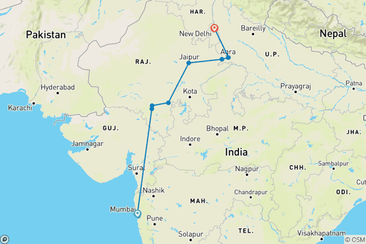 Kaart van Gouden Driehoek met Mumbai-reis