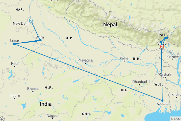 Kaart van Gouden Driehoek Tour met Noord Oost India