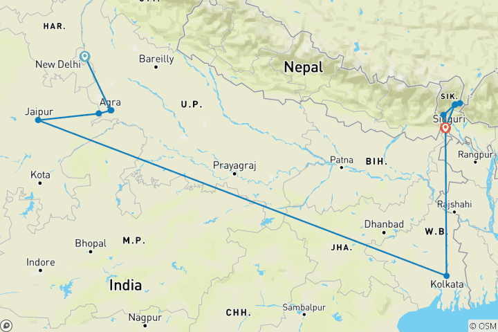 Carte du circuit Circuit du Triangle d'Or avec le nord- est de l'Inde