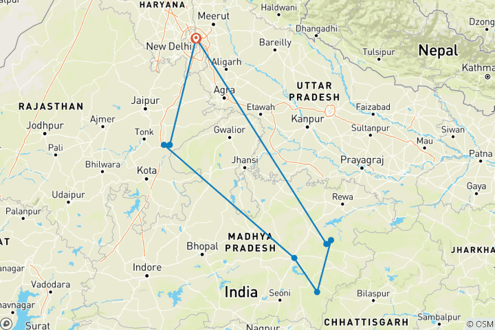 Carte du circuit Circuit photographique des tigres en Inde
