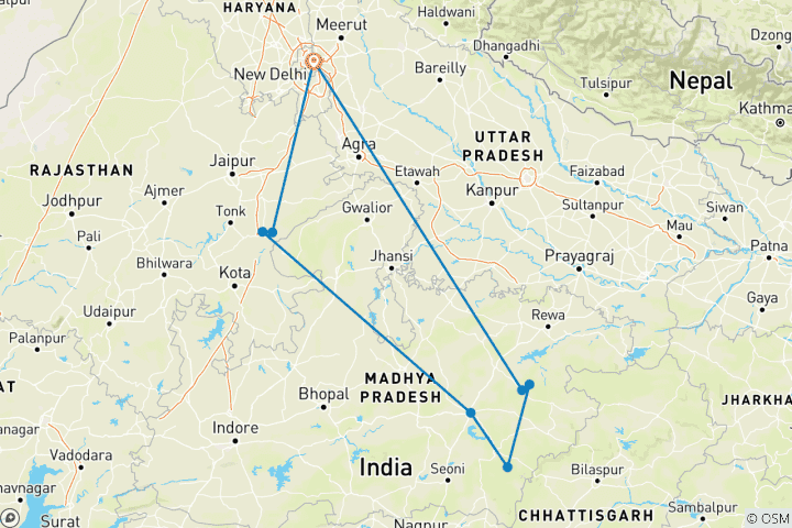 Carte du circuit Circuit photographique des tigres en Inde