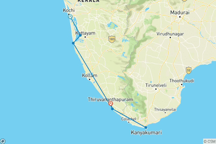 Kaart van Backwaters en stranden van Kerala