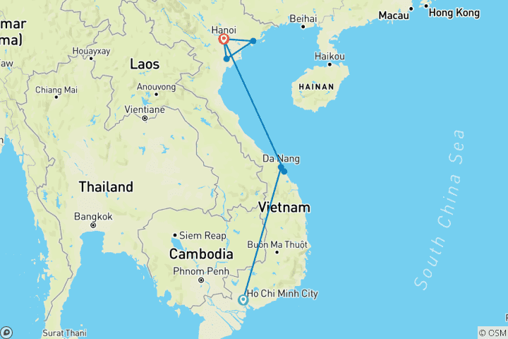 Carte du circuit 10 jours inoubliables au Vietnam, de Ho Chi Minh ville jusqu'au centre et Hanoi