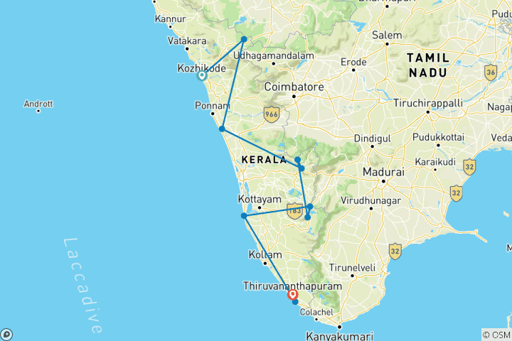 Kaart van Heilige Kerala Tour