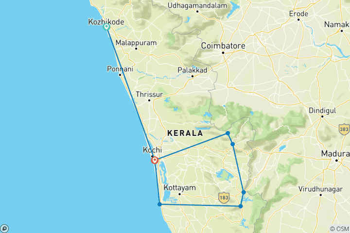 Kaart van Rondreis door Kerala