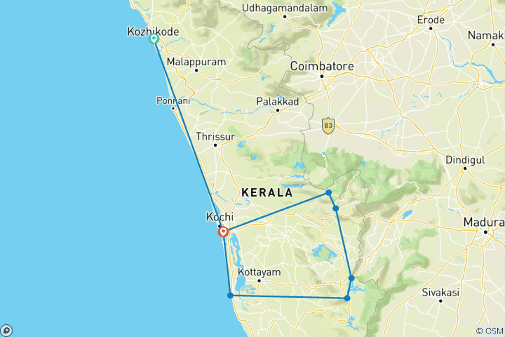 Kaart van Rondreis door Kerala