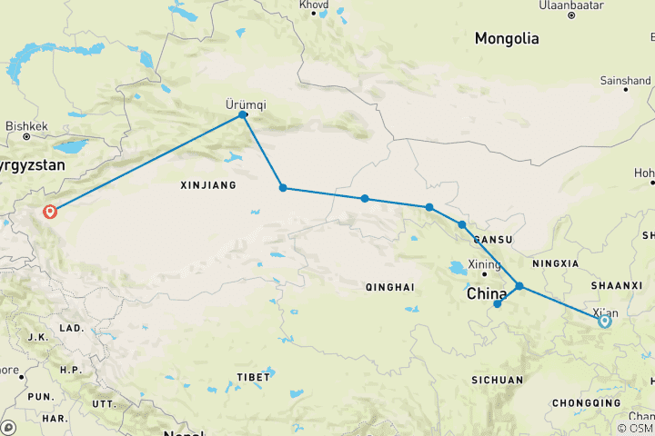 Map of Classical Silk Road 14 Days:  Xian, Lanzhou, Labrang, Jiayuguan, Dunhuang, Turpan, Urumqi, Kashgar