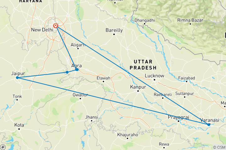 Map of Golden Triangle Group Tour with Varanasi (9 destinations)