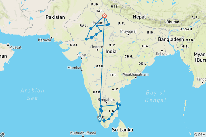 Kaart van 30-daagse reis naar Zuid-India en Noord-India